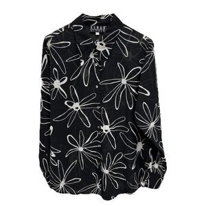 Kenar Black White Floral Chiffon Button Up Blouse L Long Sleeve Sheer Retro